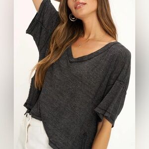 Project Social T-Oh Girl Raw V Neck Textured Tee-Women's Size: Large-Color:Gray